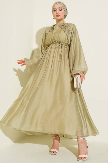 Bel Lastikli Fırfır Detaylı Elbise Çağla Yeşili - Elbise