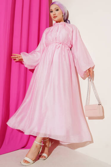 Bel Lastikli Fırfır Detaylı Elbise Pembe - Elbise