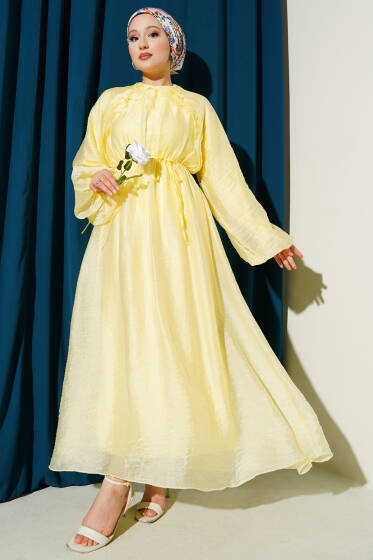 Bel Lastikli Fırfır Detaylı Elbise Sarı - Elbise