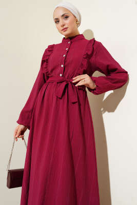 Bel Lastikli Fırfırlı Düğmeli Elbise Bordo - Tesettür Elbise