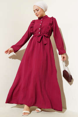 Bel Lastikli Fırfırlı Düğmeli Elbise Bordo 