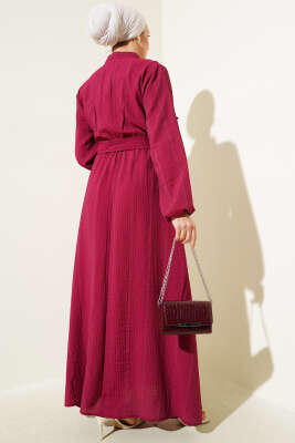 Bel Lastikli Fırfırlı Düğmeli Elbise Bordo - Tesettür Elbise