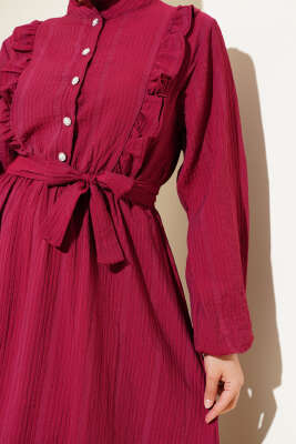 Bel Lastikli Fırfırlı Düğmeli Elbise Bordo - Tesettür Elbise