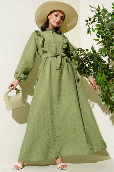 Bel Lastikli Fırfırlı Düğmeli Elbise Çağla Yeşili - Elbise