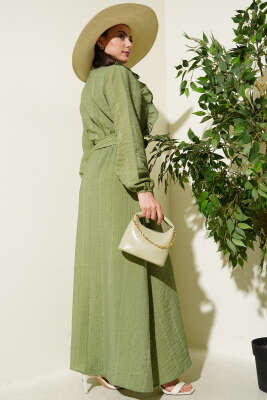 Bel Lastikli Fırfırlı Düğmeli Elbise Çağla Yeşili - Tesettür Elbise