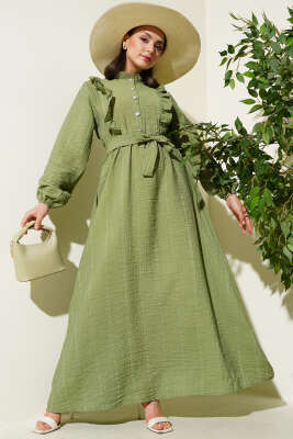 Bel Lastikli Fırfırlı Düğmeli Elbise Çağla Yeşili 