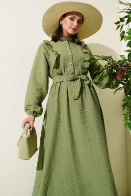 Bel Lastikli Fırfırlı Düğmeli Elbise Çağla Yeşili - Tesettür Elbise