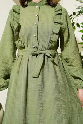 Bel Lastikli Fırfırlı Düğmeli Elbise Çağla Yeşili - Tesettür Elbise