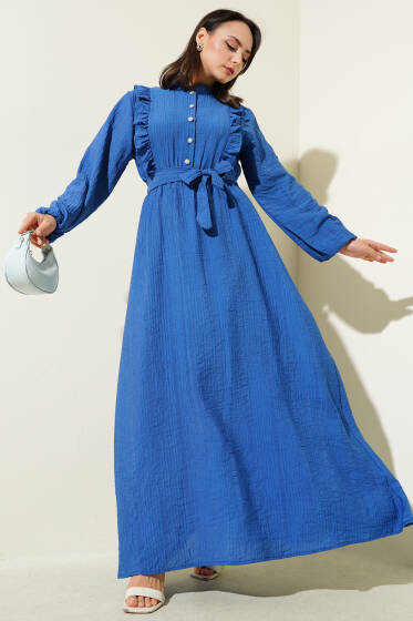 Bel Lastikli Fırfırlı Düğmeli Elbise İndigo - Elbise