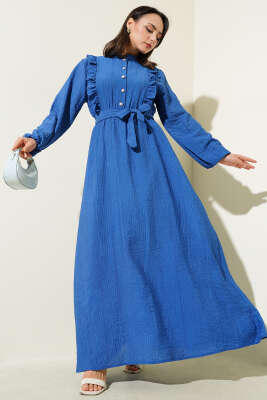 Bel Lastikli Fırfırlı Düğmeli Elbise İndigo - Tesettür Elbise