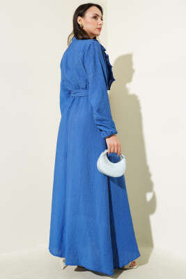 Bel Lastikli Fırfırlı Düğmeli Elbise İndigo - Tesettür Elbise