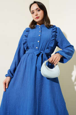 Bel Lastikli Fırfırlı Düğmeli Elbise İndigo - Tesettür Elbise