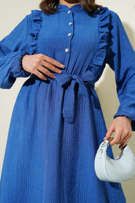 Bel Lastikli Fırfırlı Düğmeli Elbise İndigo - Tesettür Elbise