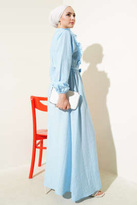 Bel Lastikli Fırfırlı Düğmeli Elbise Mavi - Tesettür Elbise