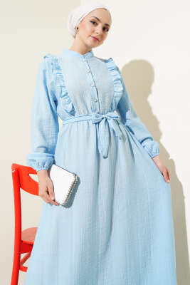 Bel Lastikli Fırfırlı Düğmeli Elbise Mavi - Tesettür Elbise