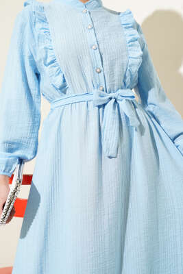 Bel Lastikli Fırfırlı Düğmeli Elbise Mavi - Tesettür Elbise