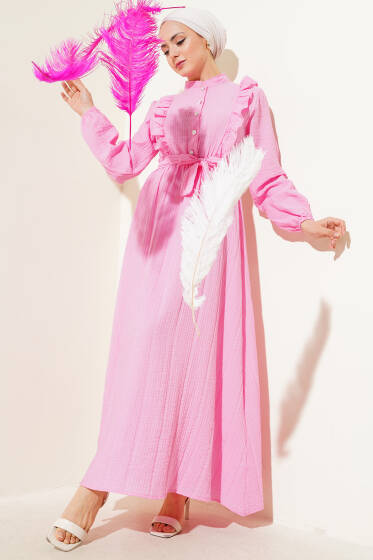 Bel Lastikli Fırfırlı Düğmeli Elbise Pembe - Elbise