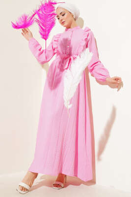 Bel Lastikli Fırfırlı Düğmeli Elbise Pembe 