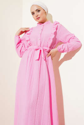 Bel Lastikli Fırfırlı Düğmeli Elbise Pembe - Tesettür Elbise