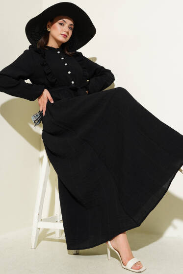 Bel Lastikli Fırfırlı Düğmeli Elbise Siyah - Elbise