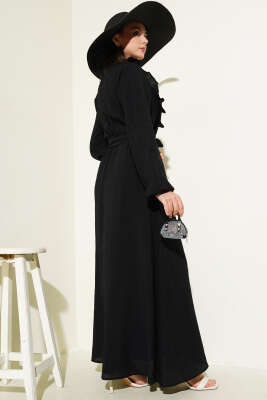 Bel Lastikli Fırfırlı Düğmeli Elbise Siyah - Tesettür Elbise