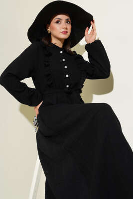 Bel Lastikli Fırfırlı Düğmeli Elbise Siyah - Tesettür Elbise