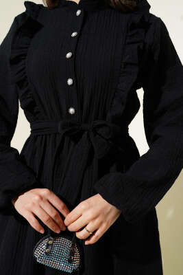 Bel Lastikli Fırfırlı Düğmeli Elbise Siyah - Tesettür Elbise