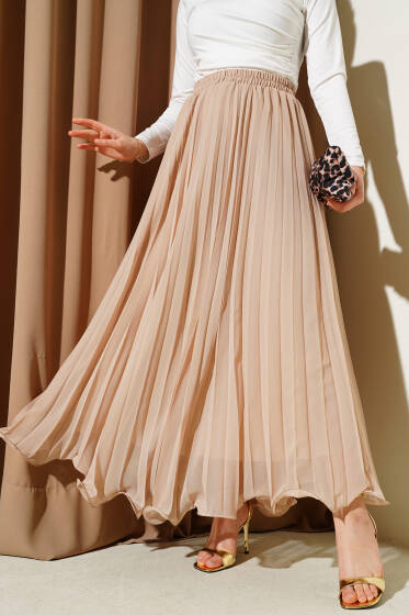 Bel Lastikli Fırfırlı Şifon Etek Bej - Etek