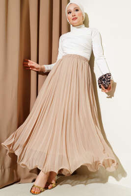 Bel Lastikli Fırfırlı Şifon Etek Bej - Uzun Etek