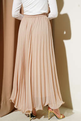 Bel Lastikli Fırfırlı Şifon Etek Bej - Uzun Etek