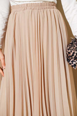 Bel Lastikli Fırfırlı Şifon Etek Bej - Uzun Etek