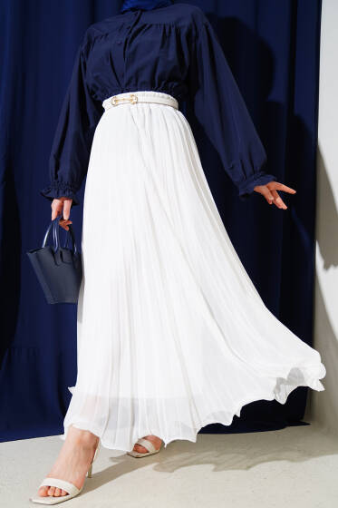 Bel Lastikli Fırfırlı Şifon Etek Beyaz - Etek