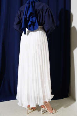 Bel Lastikli Fırfırlı Şifon Etek Beyaz - Uzun Etek