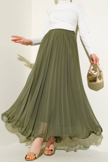 Bel Lastikli Fırfırlı Şifon Etek Haki - Etek