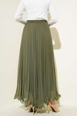 Bel Lastikli Fırfırlı Şifon Etek Haki - Uzun Etek
