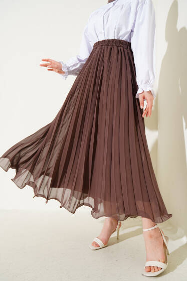 Bel Lastikli Fırfırlı Şifon Etek Kahve - Etek