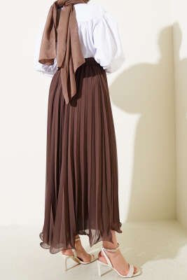 Bel Lastikli Fırfırlı Şifon Etek Kahve - Uzun Etek