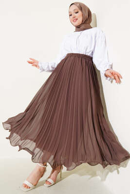 Bel Lastikli Fırfırlı Şifon Etek Kahve - Uzun Etek
