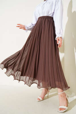 Bel Lastikli Fırfırlı Şifon Etek Kahve - VAV TEKSTİL