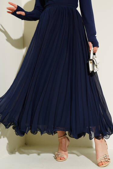 Bel Lastikli Fırfırlı Şifon Etek Lacivert - Etek