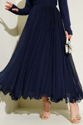 Bel Lastikli Fırfırlı Şifon Etek Lacivert - VAV TEKSTİL