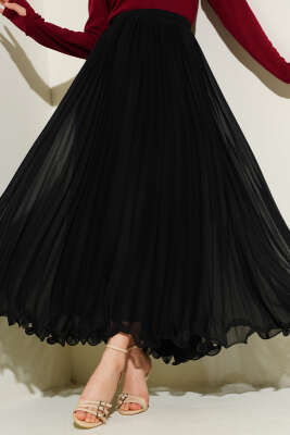 Bel Lastikli Fırfırlı Şifon Etek Siyah 