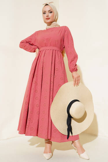 Bel Lastikli Fisto Elbise Gül Kurusu - Elbise