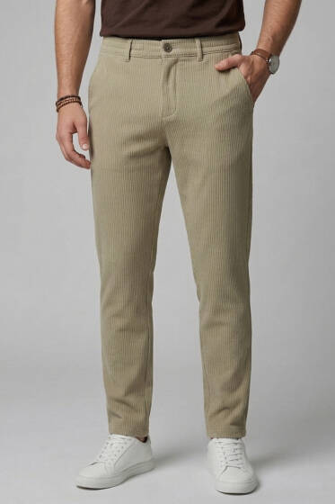 Bel Lastikli Fitilli Erkek Pantolon Taş - Erkek Pantolon