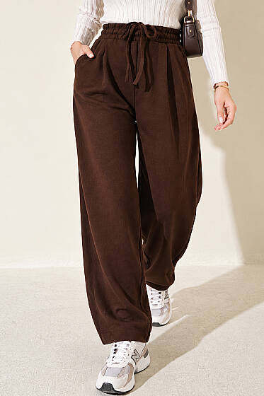 Bel Lastikli Fitilli Salaş Pantolon Kahve - Pantolon