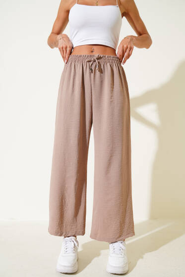 Bel Lastikli Geniş Paça Ayrobin Pantolon Bej - Kadın Giyim Modelleri