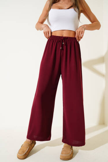 Bel Lastikli Geniş Paça Ayrobin Pantolon Bordo - Kadın Giyim Modelleri