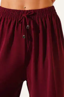 Bel Lastikli Geniş Paça Ayrobin Pantolon Bordo - Kadın Giyim Modelleri