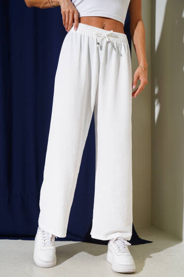 Bel Lastikli Geniş Paça Ayrobin Pantolon Ekru - Kadın Giyim Modelleri