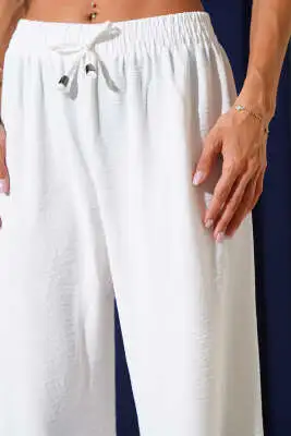 Bel Lastikli Geniş Paça Ayrobin Pantolon Ekru - Kadın Giyim Modelleri